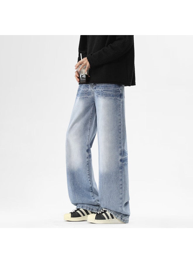 Dingfengbaoluo Men's American Style Washed Denim Jeans Spring Vintage Lightning Pattern Loose Straight Casual Pants Sd38 Nostalgic Blue 2XL - Image 3