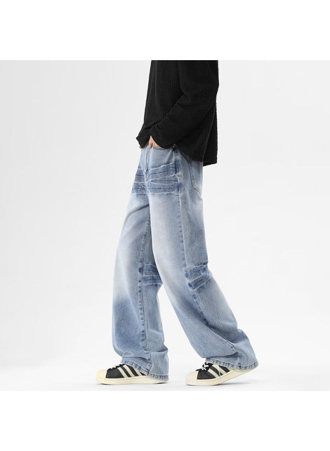 Dingfengbaoluo Men's American Style Washed Denim Jeans Spring Vintage Lightning Pattern Loose Straight Casual Pants Sd38 Nostalgic Blue 2XL - Image 4