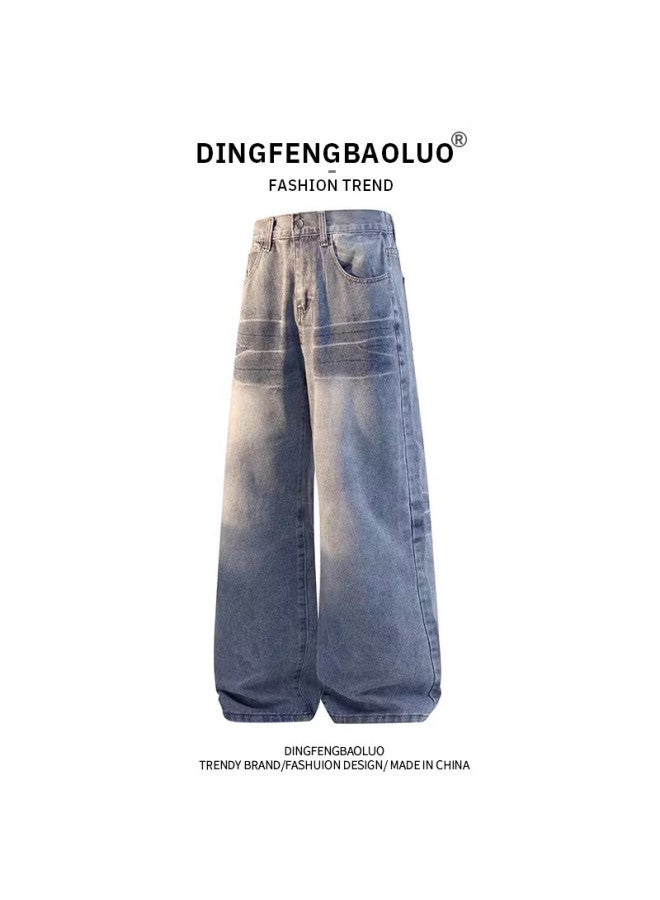 Dingfengbaoluo Men's American Style Washed Denim Jeans Spring Vintage Lightning Pattern Loose Straight Casual Pants Sd38 Nostalgic Blue 2XL - Image 1