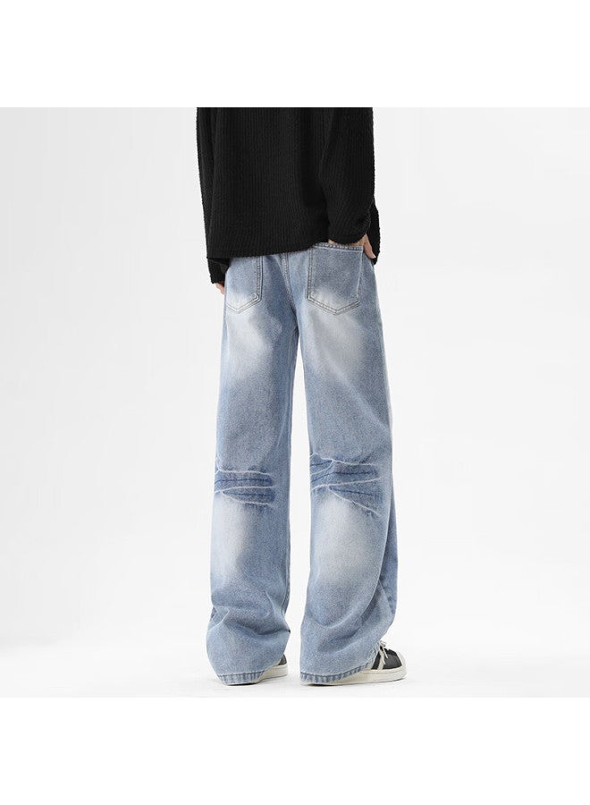 Dingfengbaoluo Men's American Style Washed Denim Jeans Spring Vintage Lightning Pattern Loose Straight Casual Pants Sd38 Nostalgic Blue 2XL - Image 2