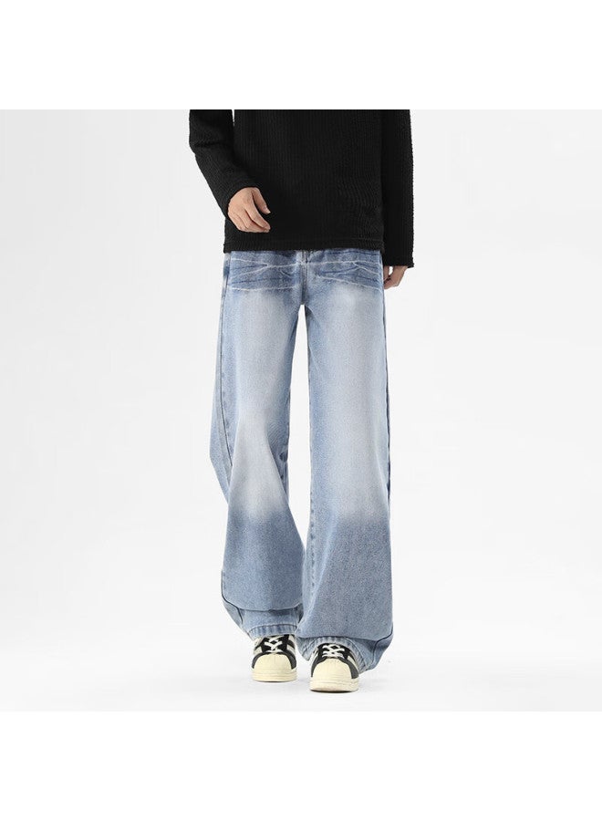 Dingfengbaoluo Men's American Style Washed Denim Jeans Spring Vintage Lightning Pattern Loose Straight Casual Pants Sd38 Nostalgic Blue 2XL - Image 5