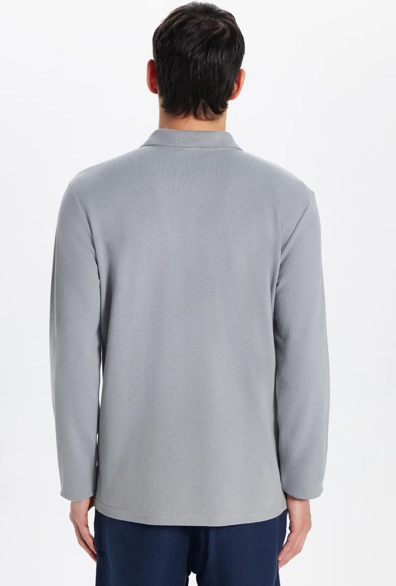 تودورس Men's Standard Fit Relaxed Cut Cotton Soft Texture Plain Pique Long Sleeve Gray Polo Neck T-Shirt