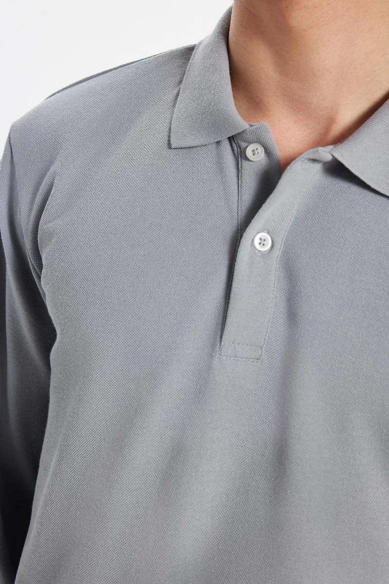 تودورس Men's Standard Fit Relaxed Cut Cotton Soft Texture Plain Pique Long Sleeve Gray Polo Neck T-Shirt