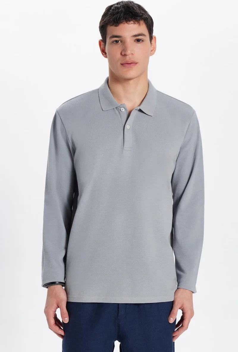 تودورس Men's Standard Fit Relaxed Cut Cotton Soft Texture Plain Pique Long Sleeve Gray Polo Neck T-Shirt