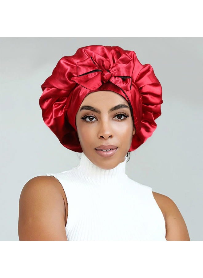 CHLINS Satin Bonnet Silk Sleep Cap Hair Bonnets for Women Stretchy Tie Band Hair Cap for Curly Hair Silk Hair Wrap(Black+Red) - Image 2