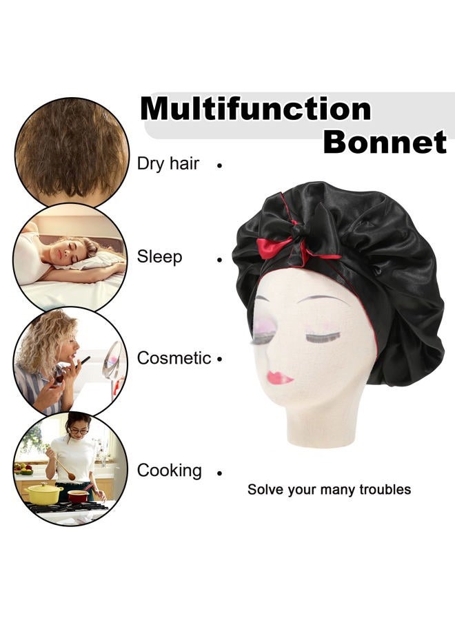 CHLINS Satin Bonnet Silk Sleep Cap Hair Bonnets for Women Stretchy Tie Band Hair Cap for Curly Hair Silk Hair Wrap(Black+Red) - Image 5