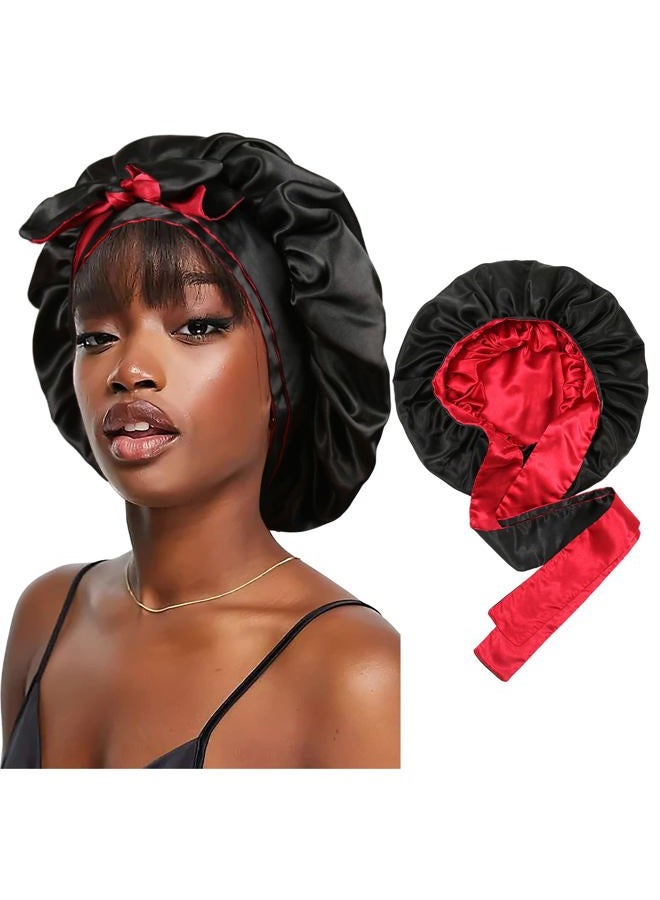 CHLINS Satin Bonnet Silk Sleep Cap Hair Bonnets for Women Stretchy Tie Band Hair Cap for Curly Hair Silk Hair Wrap(Black+Red) - Image 1