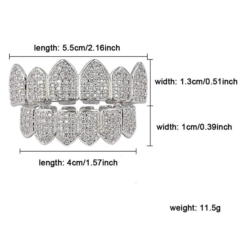 JINAO جرلز جيناو الماسية لأسنانك للرجال والنساء مطلية بالذهب عيار 18 مع كريستالات مكرو باف زركونيا مكعبة مع قضبان تشكيل إضافية (طقم فضي) - Image 5