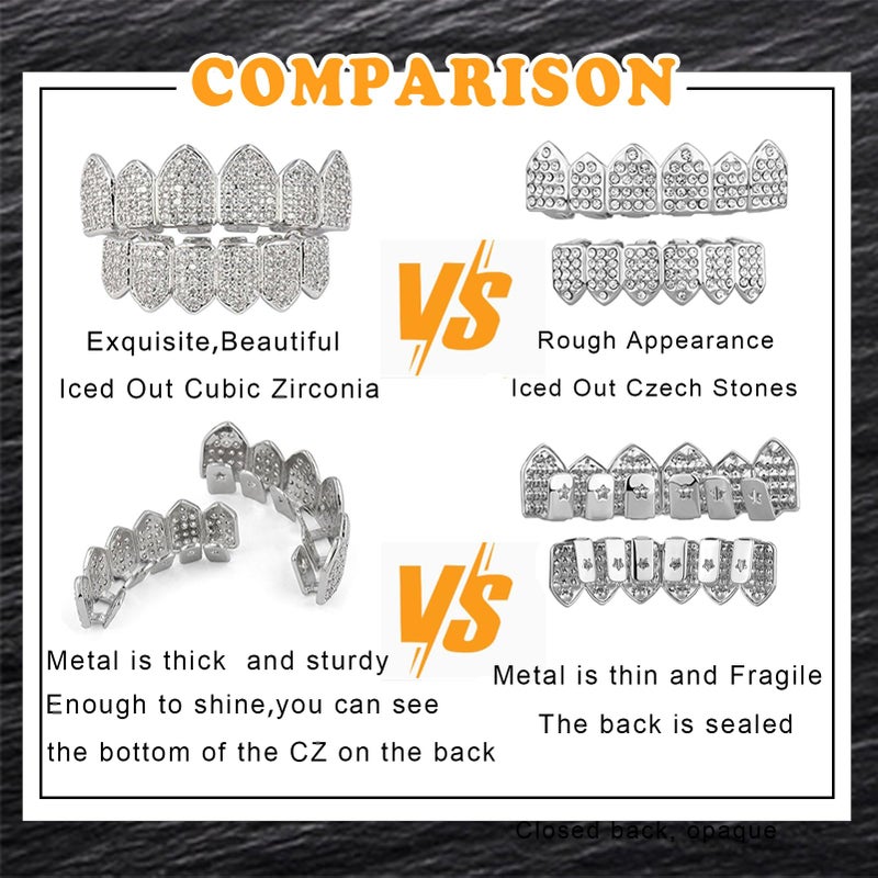 JINAO جرلز جيناو الماسية لأسنانك للرجال والنساء مطلية بالذهب عيار 18 مع كريستالات مكرو باف زركونيا مكعبة مع قضبان تشكيل إضافية (طقم فضي) - Image 3