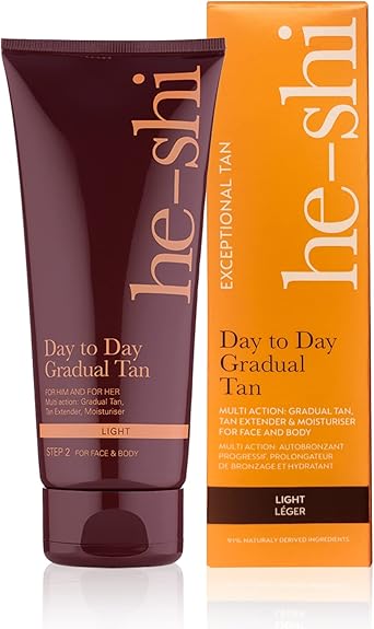 He-Shi HeShi Gradual Tan Moisturiser Day to Day Medium Tanning Lotion Natural Self Tanning Lotion Bronze Glow with Vitamin E Vegan Cruelty Free Hydrating Tan for Face Body 200ml - Image 1