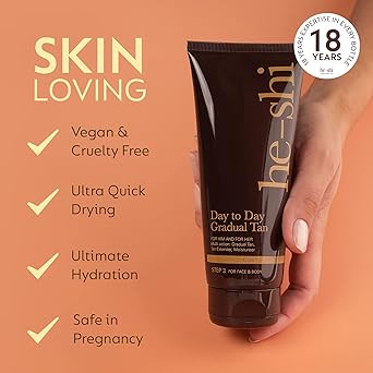 He-Shi HeShi Gradual Tan Moisturiser Day to Day Medium Tanning Lotion Natural Self Tanning Lotion Bronze Glow with Vitamin E Vegan Cruelty Free Hydrating Tan for Face Body 200ml - Image 5