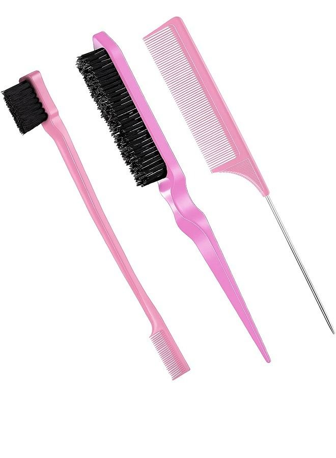 McDou Pink 3 Pcs Slick Brush Set Bristle Hair Brush Teasing Comb - Image 1