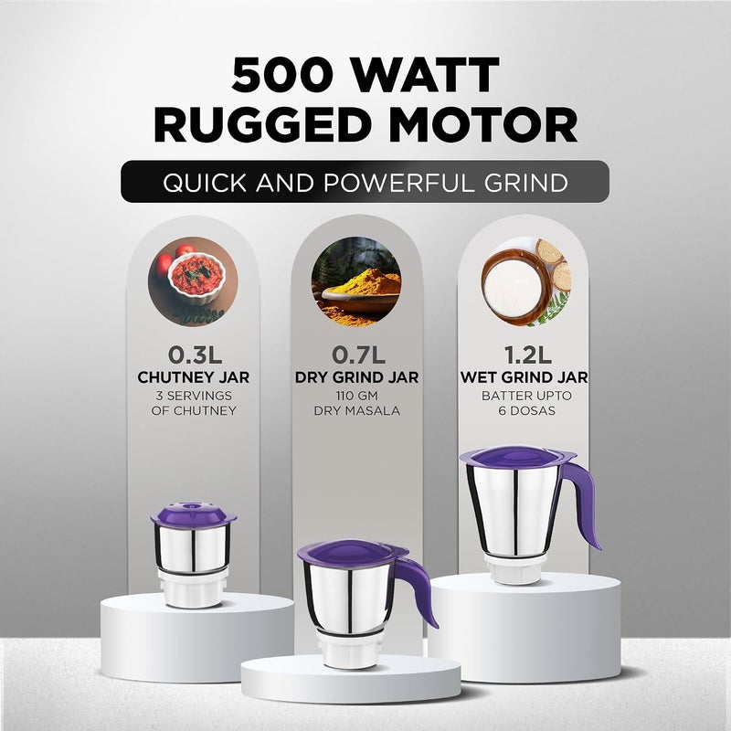 Preethi Crown Mixer Grinder for Kitchen|  3 Jars 500 Watt Mixie| 5 yr Motor Warranty & Lifelong Free Service| White/Purple ( MG-205) 1.2 L 500 W 11000387 white - Image 2