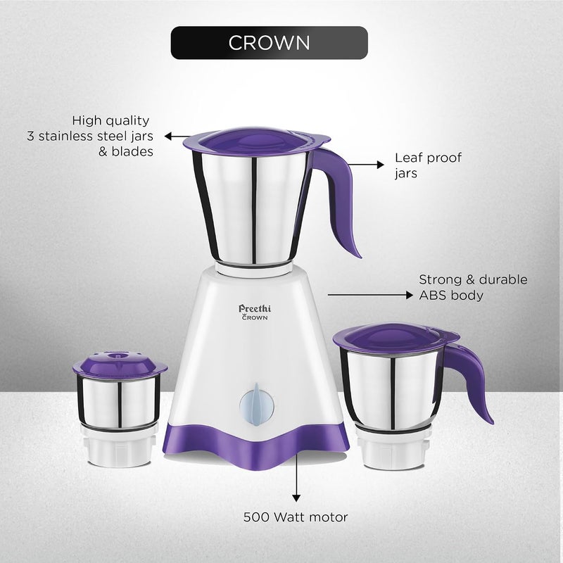 Preethi Crown Mixer Grinder for Kitchen|  3 Jars 500 Watt Mixie| 5 yr Motor Warranty & Lifelong Free Service| White/Purple ( MG-205) 1.2 L 500 W 11000387 white - Image 3