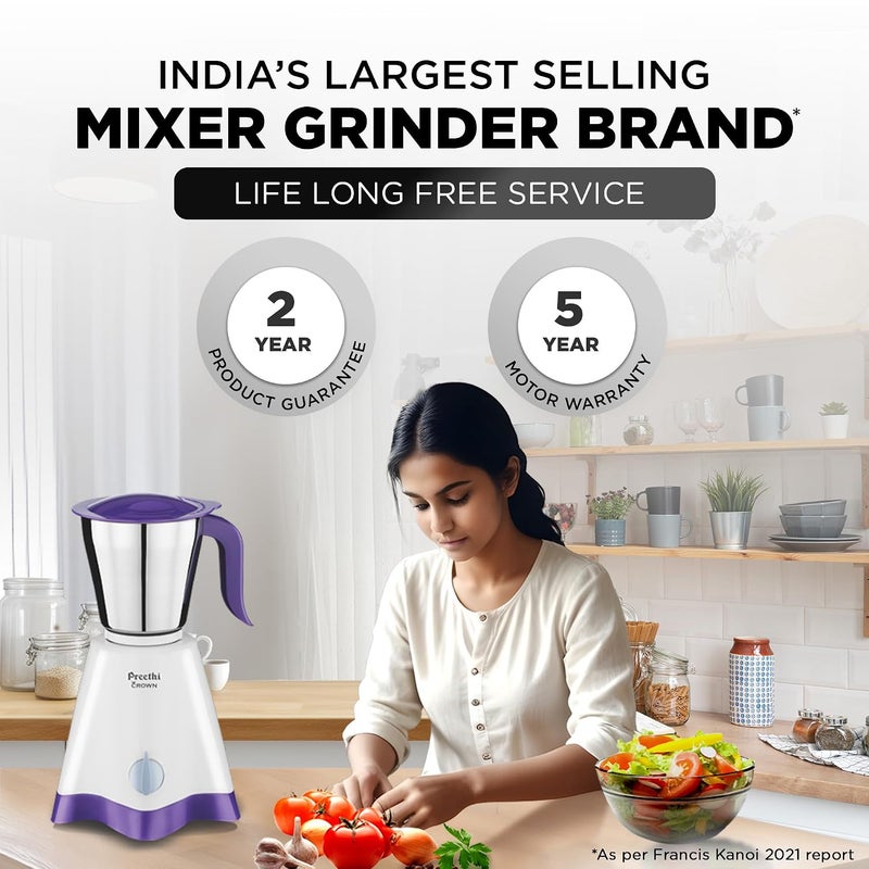 Preethi Crown Mixer Grinder for Kitchen|  3 Jars 500 Watt Mixie| 5 yr Motor Warranty & Lifelong Free Service| White/Purple ( MG-205) 1.2 L 500 W 11000387 white - Image 5