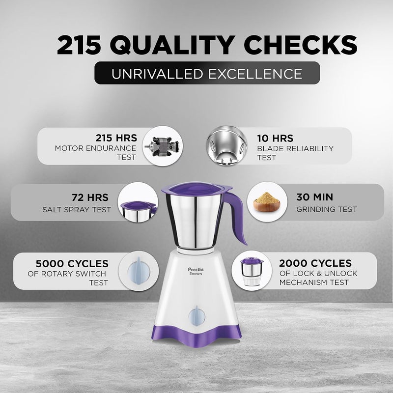 Preethi Crown Mixer Grinder for Kitchen|  3 Jars 500 Watt Mixie| 5 yr Motor Warranty & Lifelong Free Service| White/Purple ( MG-205) 1.2 L 500 W 11000387 white - Image 4