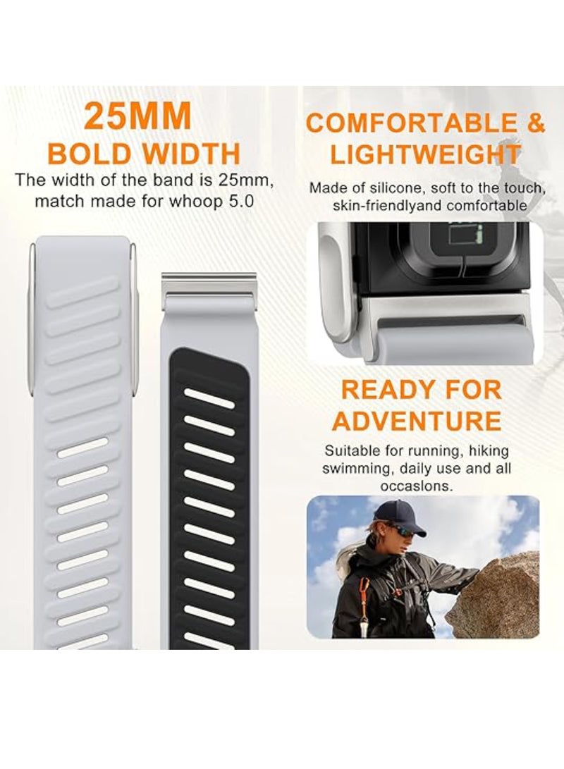 اووكاي سوار معصم سيليكون متين ومريح، متوافق مع سوار WHOOP 5.0، مصنوع من السيليكون الناعم المتين، قابل للتهوية، رياضي، قابل للتعديل، مقاوم للماء، مزود بحلقة معدنية، للرجال والنساء، مع موصل إطار معدني (رمادي فاتح وأسود). - Image 5