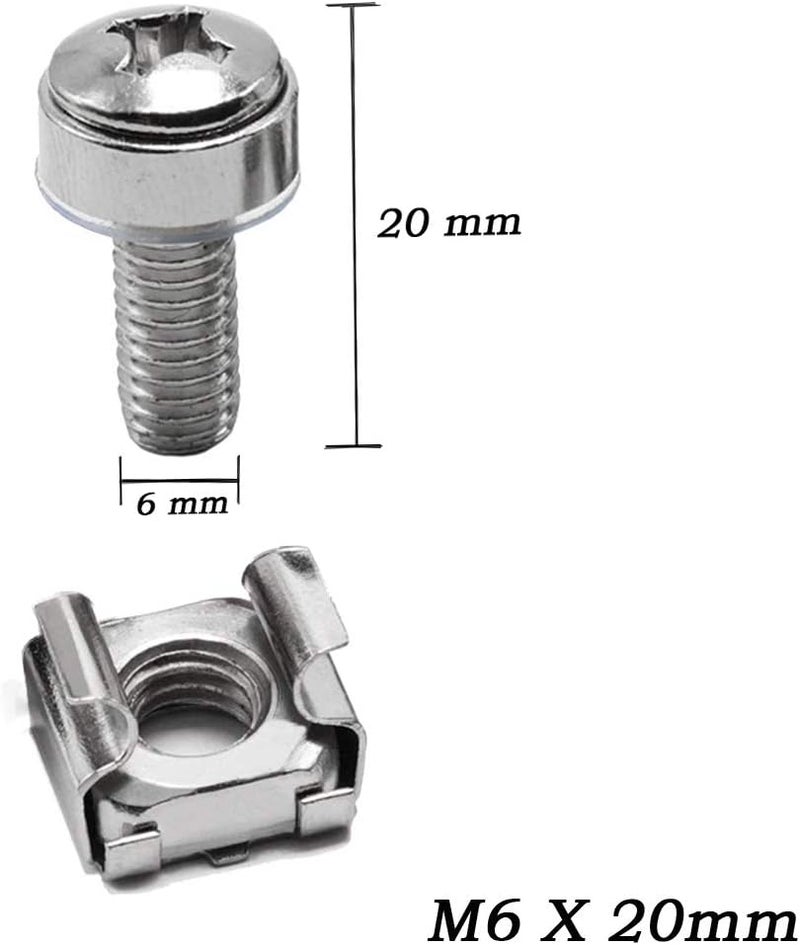 Wang-Data 100 Sets M6 Square Hole Hardware Cage Nuts & Mounting Screws Washers for Server Rack and Cabinet (M6 X 20mm)(Screw+Washer+cage nut) - Image 2