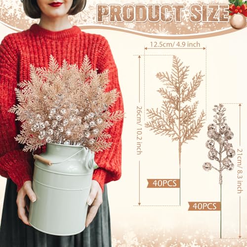 Cindeer 80 Pcs Champagne Gold Christmas Glitter Berries Stems Pine Needles Christmas Artificial Picks Fake Floral Twig Spray for Xmas Tree Ornaments DIY Wreath Garland Decorations - Image 3