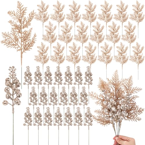Cindeer 80 Pcs Champagne Gold Christmas Glitter Berries Stems Pine Needles Christmas Artificial Picks Fake Floral Twig Spray for Xmas Tree Ornaments DIY Wreath Garland Decorations - Image 1