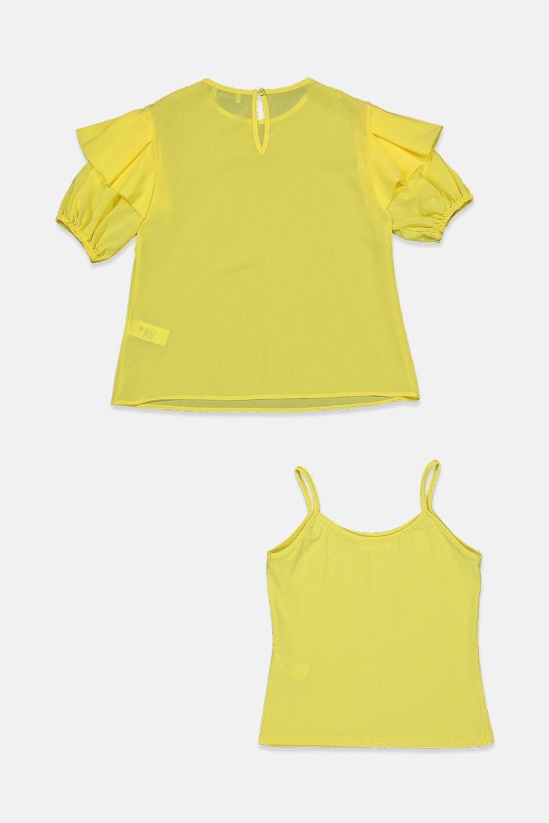 byblos Kid Girls Round Neck Short Sleeves Plain With Inner Tank Top, Yellow - Image 2