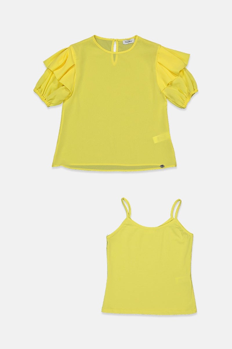 byblos Kid Girls Round Neck Short Sleeves Plain With Inner Tank Top, Yellow - Image 3