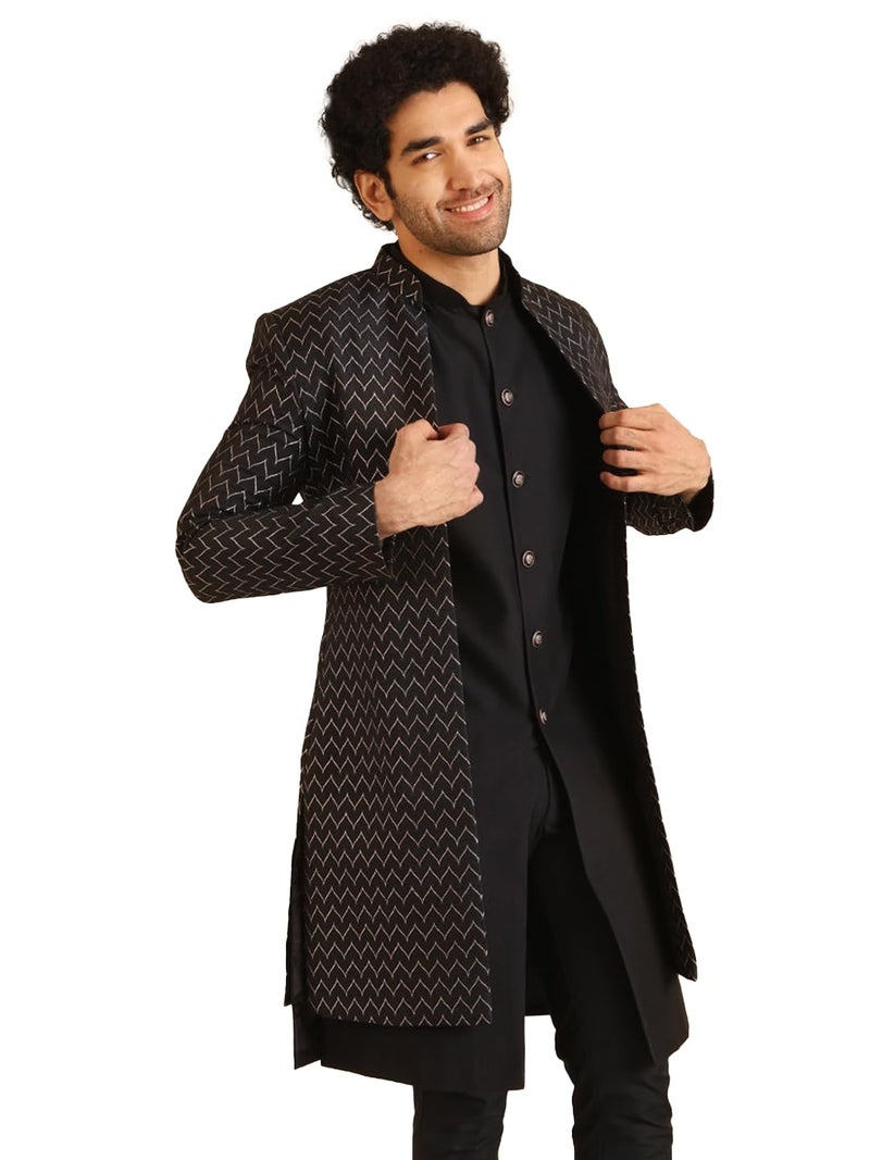 KISAH Jacket Sherwani Set for Men – Woven Design Jacquard Sherwani with Trouser | Ethnic & Formal Indian Outfit for Weddings, Celebrations & Parties, Black, 40 - Image 2