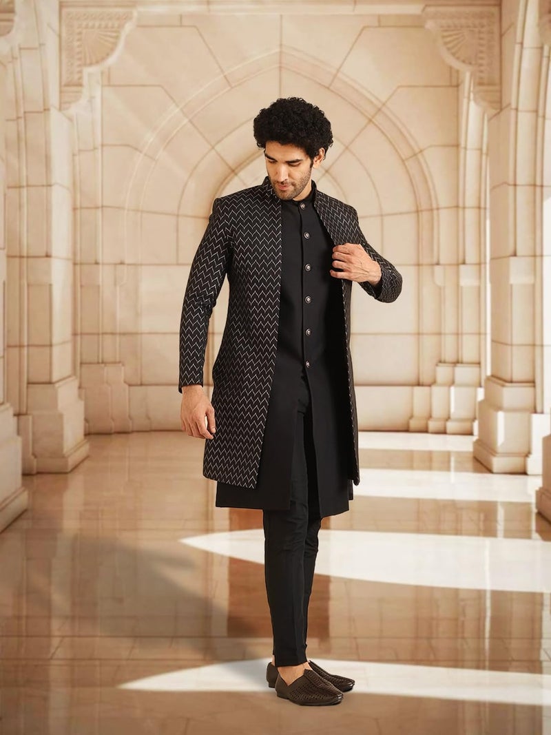 KISAH Jacket Sherwani Set for Men – Woven Design Jacquard Sherwani with Trouser | Ethnic & Formal Indian Outfit for Weddings, Celebrations & Parties, Black, 40 - Image 5