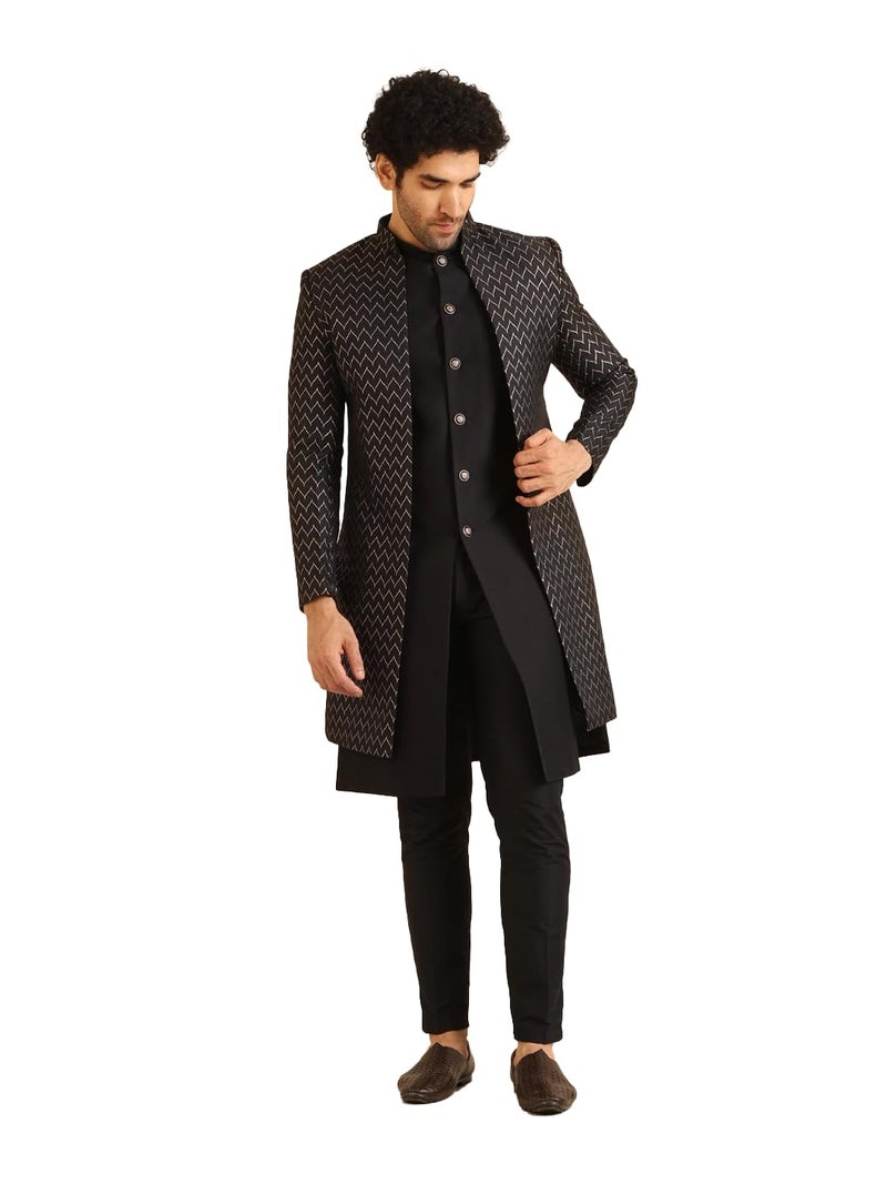 KISAH Jacket Sherwani Set for Men – Woven Design Jacquard Sherwani with Trouser | Ethnic & Formal Indian Outfit for Weddings, Celebrations & Parties, Black, 40 - Image 1