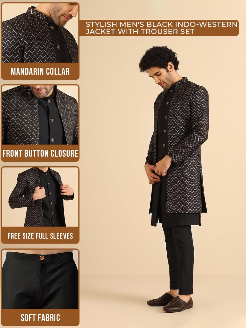 KISAH Jacket Sherwani Set for Men – Woven Design Jacquard Sherwani with Trouser | Ethnic & Formal Indian Outfit for Weddings, Celebrations & Parties, Black, 40 - Image 3