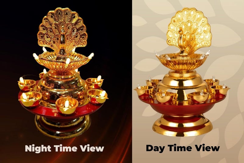 Zerya 12 Deep Single Step Peacock 2 Layer Electric Diya Deepak Light Pooja Diya Rice LED Light Mandir Diya for Home Temple Decor Electric Diya Pack of 2 - Image 2