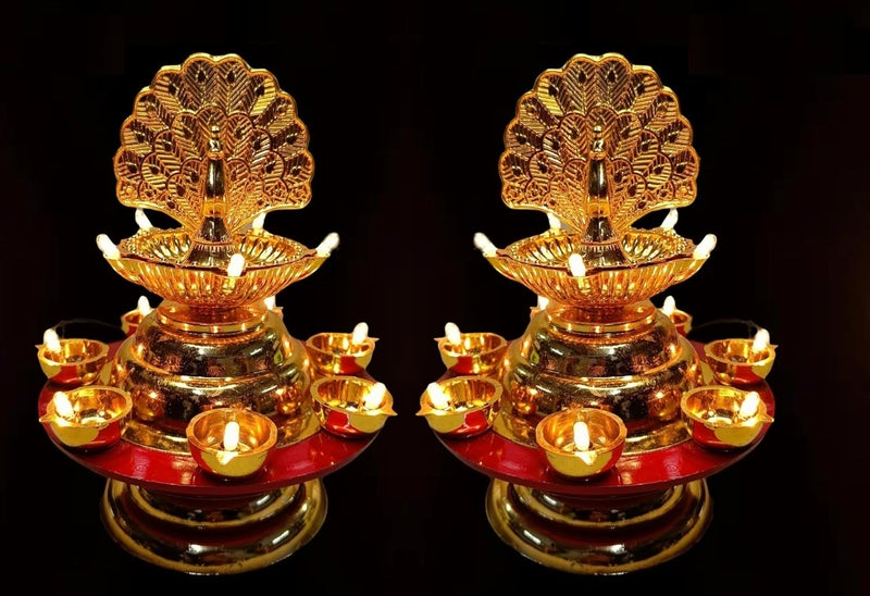 Zerya 12 Deep Single Step Peacock 2 Layer Electric Diya Deepak Light Pooja Diya Rice LED Light Mandir Diya for Home Temple Decor Electric Diya Pack of 2 - Image 1