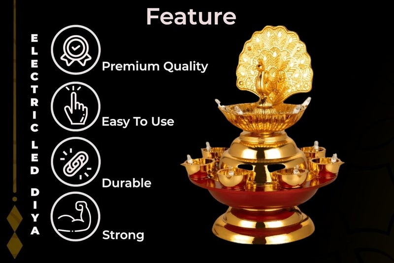 Zerya 12 Deep Single Step Peacock 2 Layer Electric Diya Deepak Light Pooja Diya Rice LED Light Mandir Diya for Home Temple Decor Electric Diya Pack of 2 - Image 3