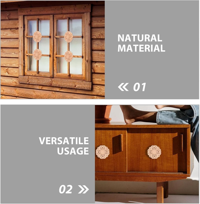 Angoily 4pcs Wood Onlay Applique: Decorative Wood Applique for Furniture - Round Floral Unpainted Wooden Carving Onlay Decal for Cabinets Cupboards Home Decor - Image 3