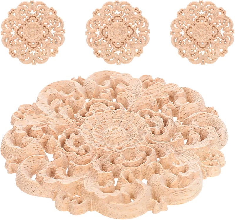 Angoily 4pcs Wood Onlay Applique: Decorative Wood Applique for Furniture - Round Floral Unpainted Wooden Carving Onlay Decal for Cabinets Cupboards Home Decor - Image 1