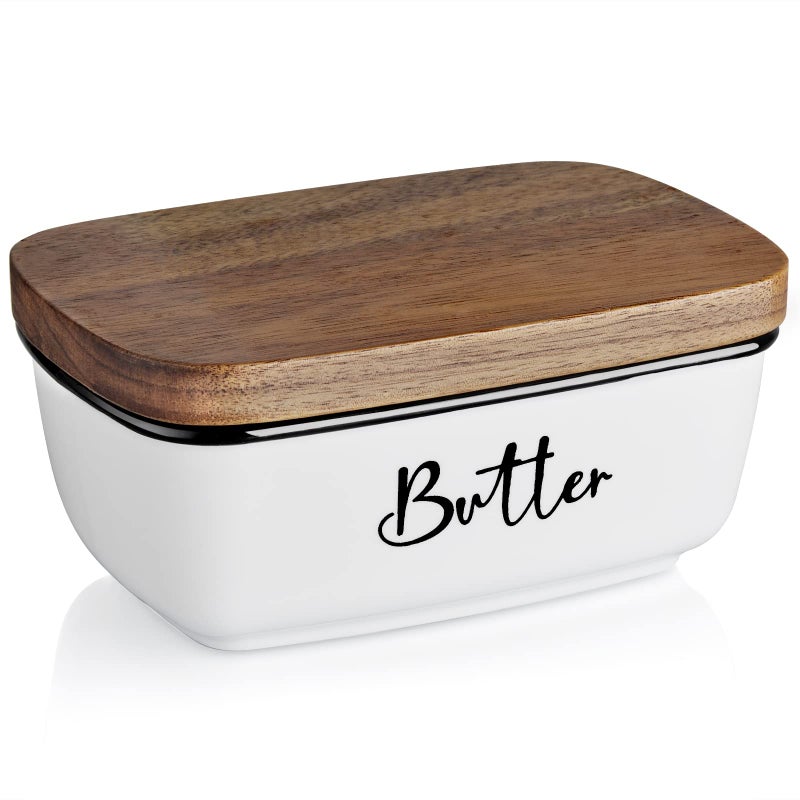 Butter Dish with Lid ALELION Large Ceramic Butter Dish for Countertop Butter Keeper with Thick Acacia Wood Lid Kitchen Decor and Accessories for Kitchen Gifts White