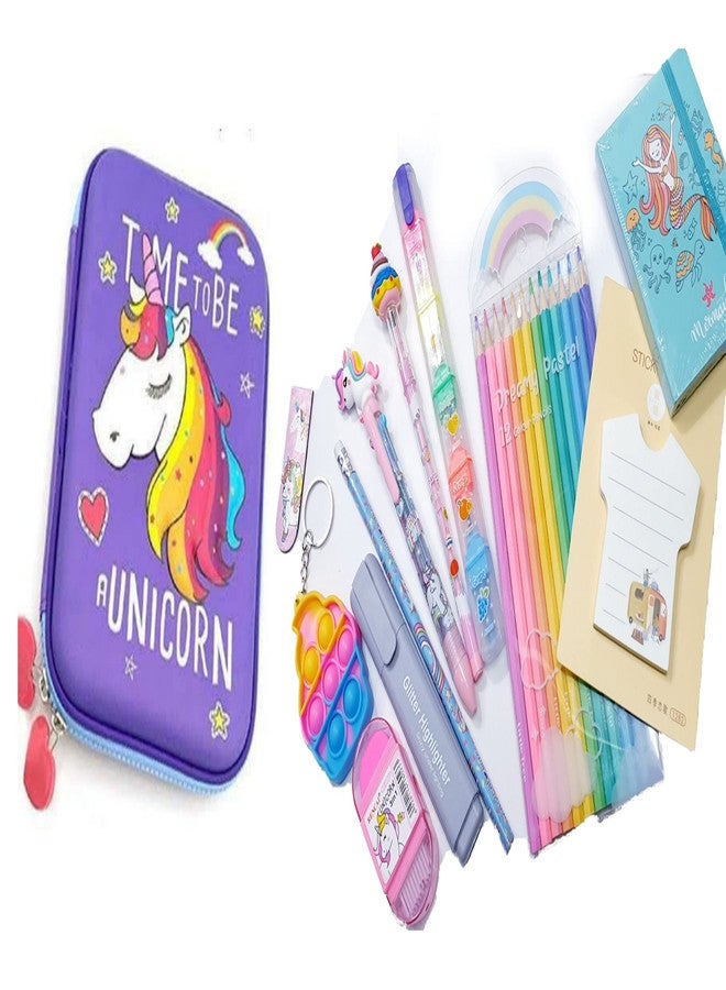 Trusmile Unicorn Stationery Hamper Gift Combo with Colour Pencils Diary Sticky Note Keychain Pen Highlighter (Combo of 12) - Image 1