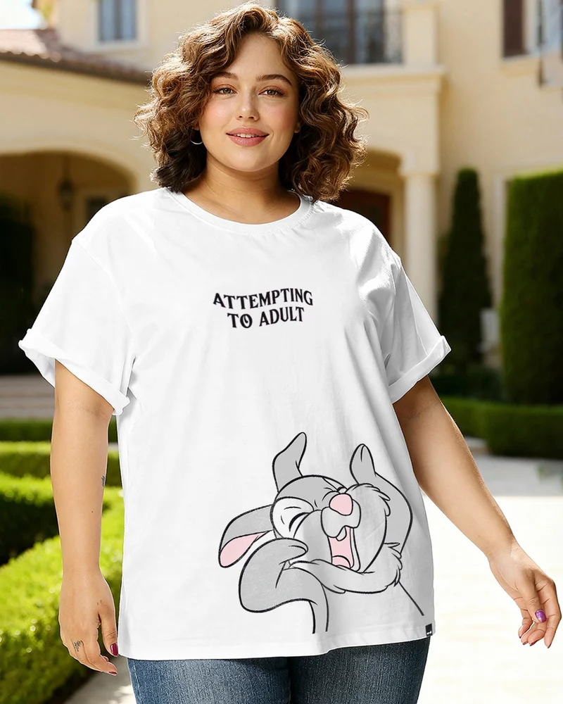 bewakoof Women's White Attempting To Adult Graphic Printed Boyfriend Plus Size T-shirt