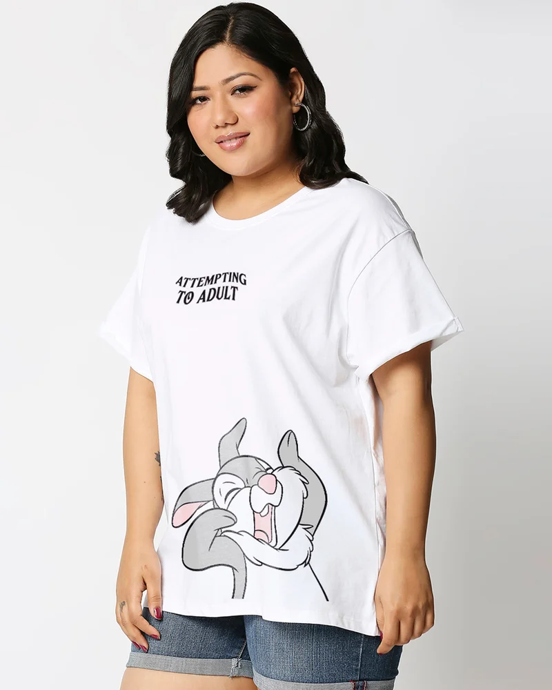 bewakoof Women's White Attempting To Adult Graphic Printed Boyfriend Plus Size T-shirt