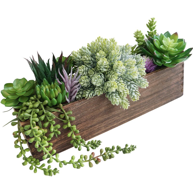 Winlyn 15" Assorted Artificial Succulent Arrangement Assorted Succulents in Rectangular Wooden Planter Faux Potted Plant for Farmhouse Table Centerpiece Windowsill Shelf Desk Mantel Greenery Décor - Image 1