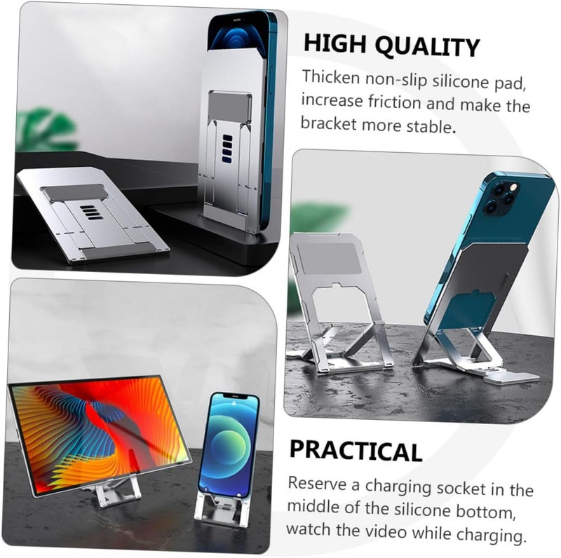 Adjustable Aluminium Alloy Phone Holder Shelf and Folding Tablet Stand for Desk and Travel Portable Silver - Image 3