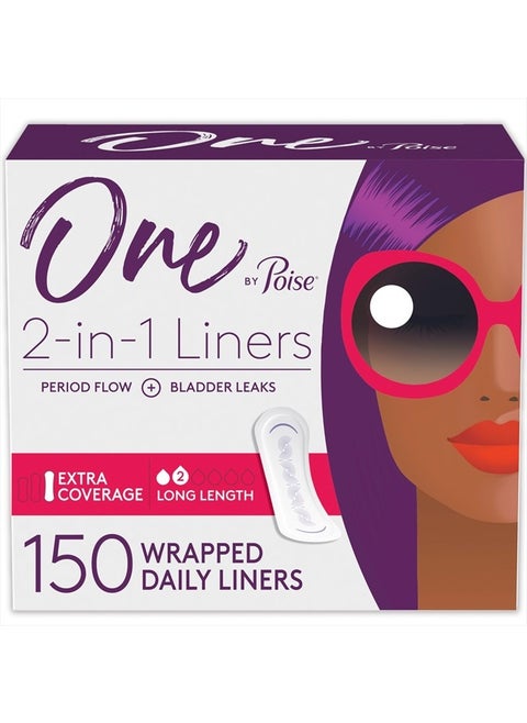 One by Poise Panty Liners (2-in-1 Period & Bladder Leakage Daily Liner), Long, Extra Coverage for Period Flow, Very Light Absorbency for Bladder Leaks, 150 Count (3 Pack of 50)