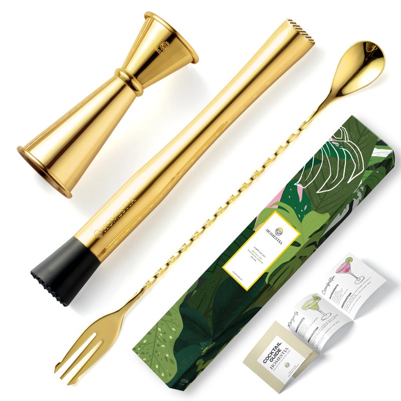 Homestia Homestia Muddler for Cocktails Set 304 Stainless Steel 10 Bar Muddler 12 Cocktail Spoon 1 oz 2 oz Jigger 3 PCS Cocktail Set for Margaritas Mojitos and Fruit Drinks Bar Tool Set Gold 