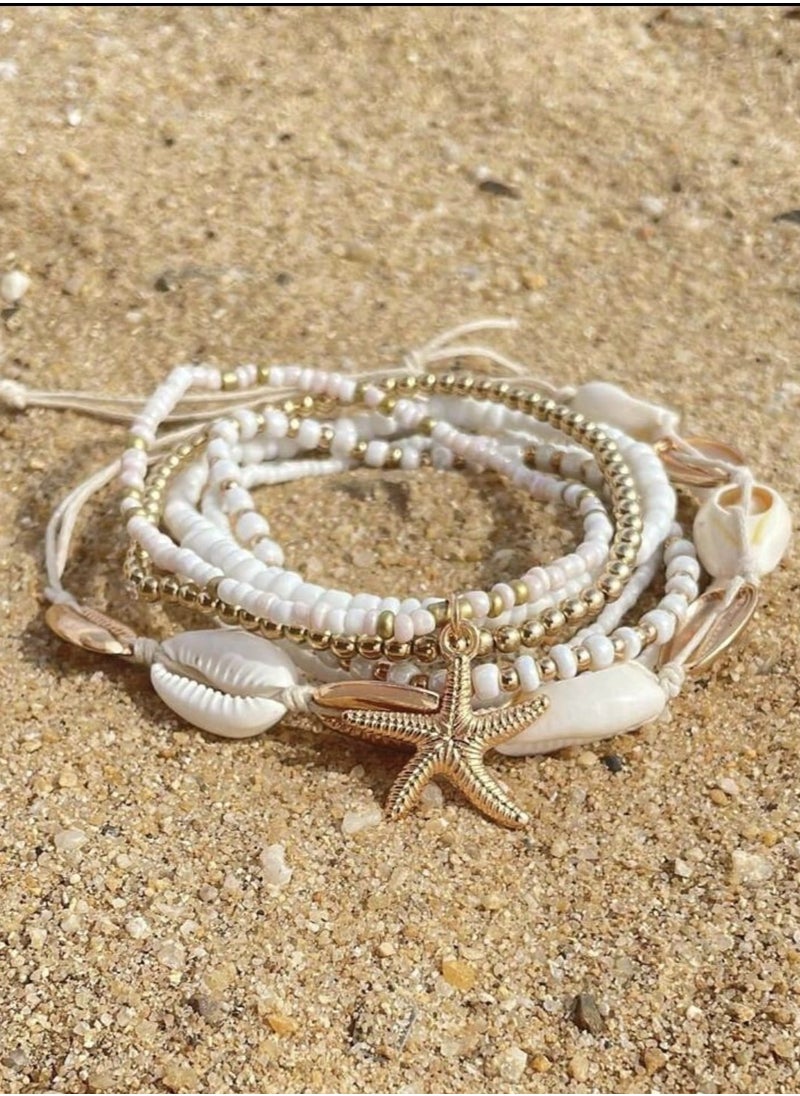 YUCCA - 7pcs Gold Ray Star Crystal Braided Nautical Ankle Bracelets Best Dating Gift for Women. - Image 1