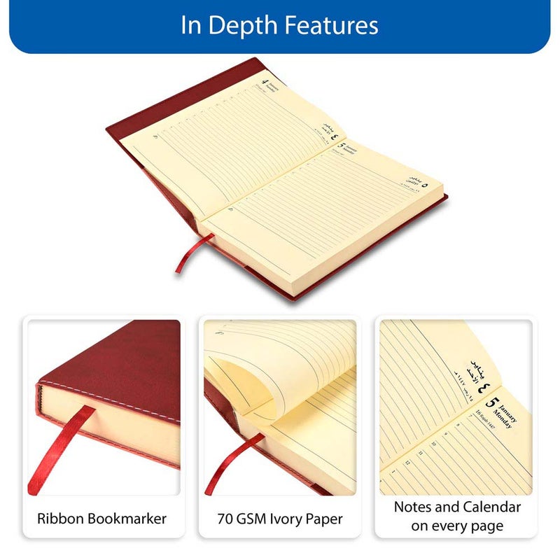 FIS 2026 A5 Diary, 148x210mm, Soft Jacket Italian PU Cover with Sewing, 1 Day Page Format, 384 Pages, Arabic/English, 70gsm Italian Ivory Paper, Maroon Cover - FSDI17AE26MR - Image 5