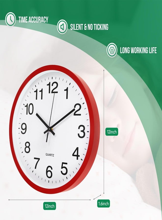 bakbrand Wall Clock Modern Simple Style Round Plastic Decor Clock Non-Ticking Silent Quartz Movement Wall Clocks for Home/Office/School/Living Room/Bedroom/Kitchen (Red, 12 Inch) - Image 3