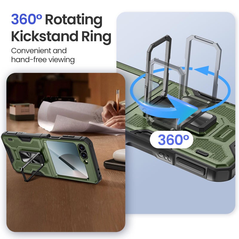 VEGO for Samsung Flip 6 Case with Hinge Protection, Built-in Screen Protector & 360Â° Magnetic Ring Stand Protective Phone Cover Drop Proof for Samsung Galaxy Z Flip 6 5G - Green - Image 4