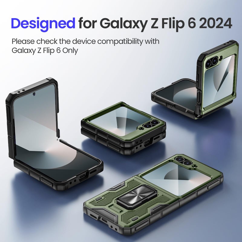 VEGO for Samsung Flip 6 Case with Hinge Protection, Built-in Screen Protector & 360Â° Magnetic Ring Stand Protective Phone Cover Drop Proof for Samsung Galaxy Z Flip 6 5G - Green - Image 3