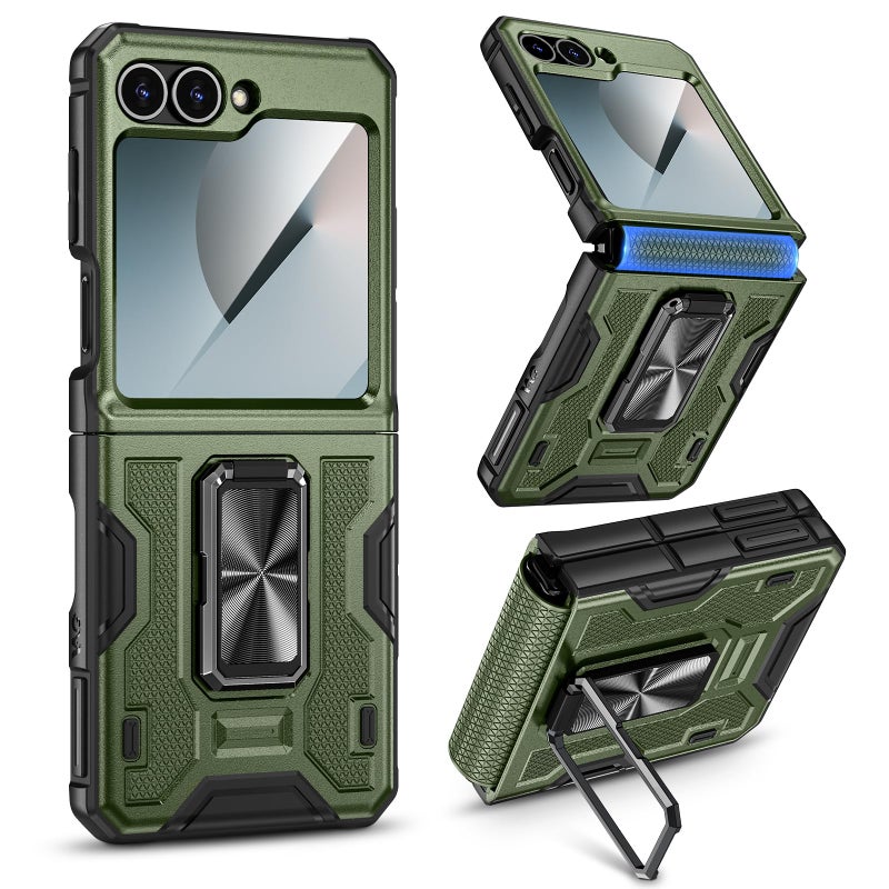 VEGO for Samsung Flip 6 Case with Hinge Protection, Built-in Screen Protector & 360Â° Magnetic Ring Stand Protective Phone Cover Drop Proof for Samsung Galaxy Z Flip 6 5G - Green - Image 1