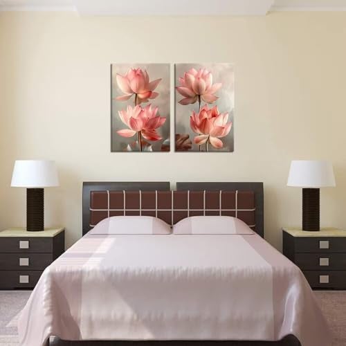 Wall HDQ Pink Lotus Wall Art for Home Office Wall Decoration Flowers Canvas Prints Artwork Painting Picture Modern Abstract Floral Wall Art for Living Room Bedroom Kitchen Framed - Image 3